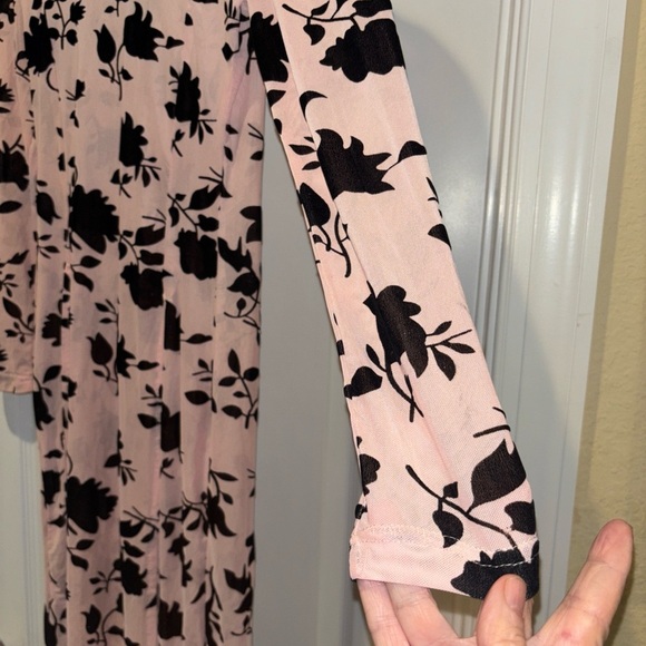 CBR SHEER DRESS MED. PINK W  BLACK FLORAL MIDI THIGH HIGH SLITS  HIGHCOLLAR NECK - Picture 6 of 14